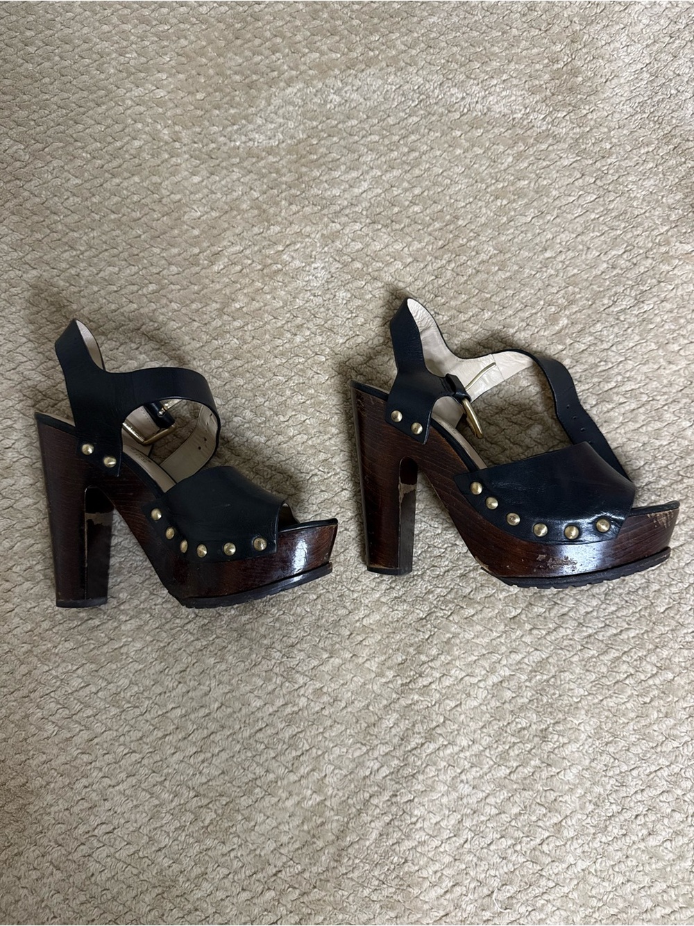 Michael Kors Black Leather Platform Clog Heels with Wood-Effect Base